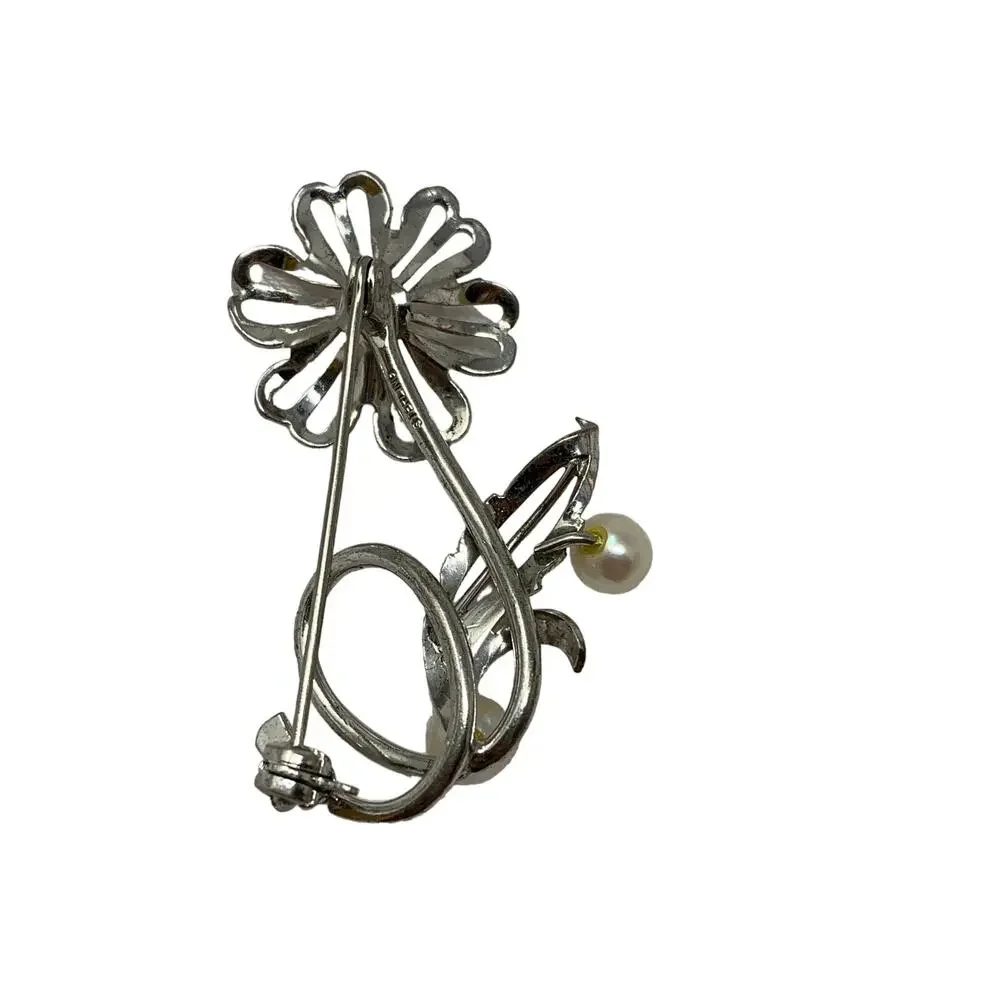 Vintage Floral Brooch Sterling Silver Pearl Details